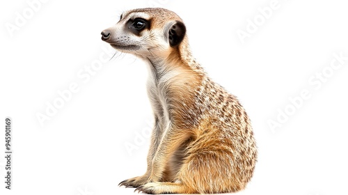 Curious Meerkat Observing Sideways on White Background