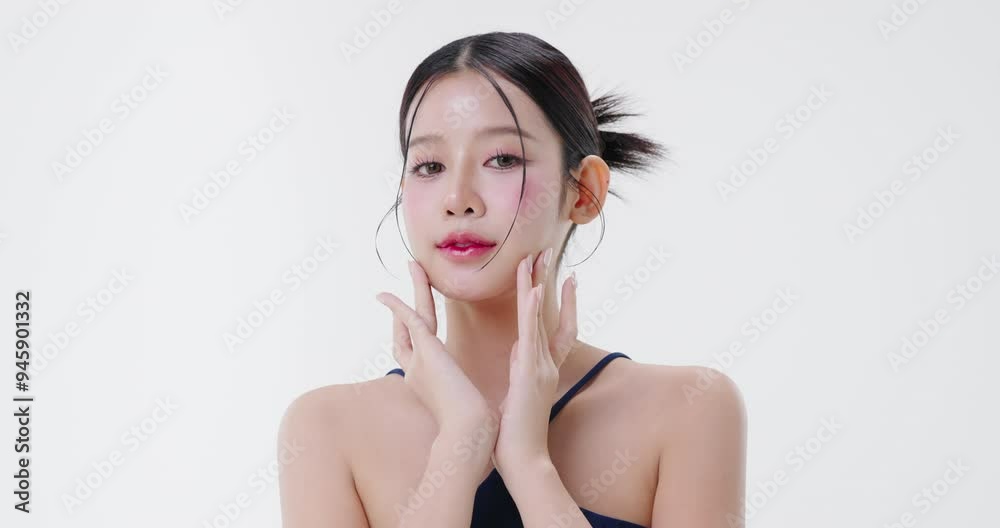 Close up portrait beautiful young Asian woman with healthy facial skin isolated over white background.	