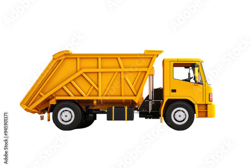 A bright yellow dump truck ready for construction work, showcasing its open bed for transporting materials and debris.