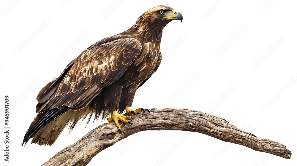 Obraz premium Majestic Eagle Perched on Wooden Branch against White Backdrop