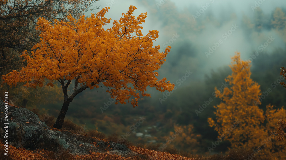 Fototapeta premium Jesienny pejzaż - drzewo w zamglonej dolinie