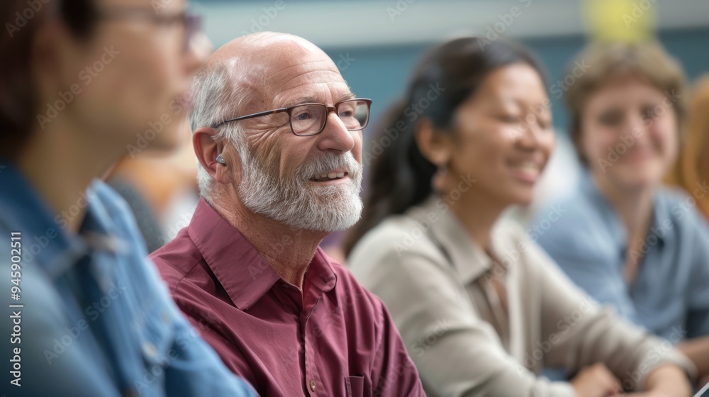 Mature adults attending a continuing education class, engaging in discussions and sharing experiences