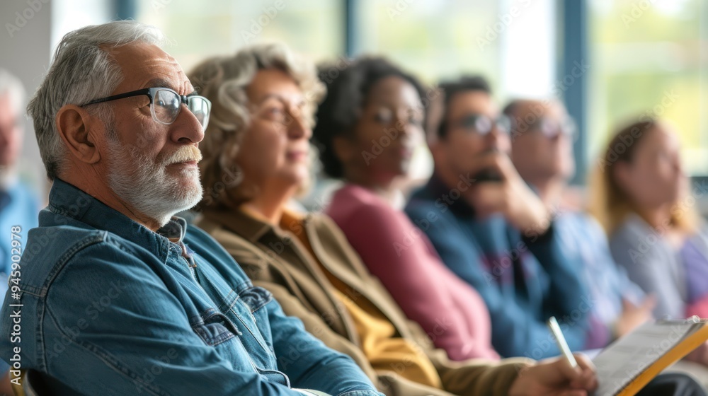 A group of seniors attending a health education seminar, asking questions and taking notes A group of seniors attending a health education seminar, asking questions and taking notes