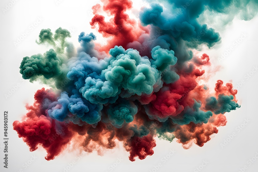 A vivid explosion of multicolored smoke including reds greens and blues spreading across a white, Ai generated A vivid explosion of multicolored smoke including reds greens and blues spreading across a white, Ai generated