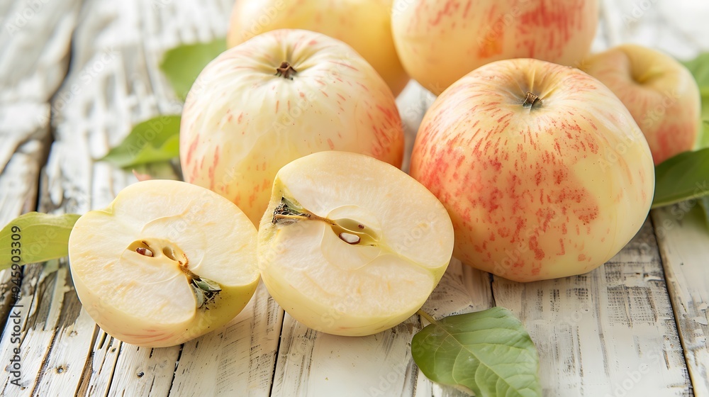 Obraz premium Fresh sugar apples including some halved revealing the creamy white interior displayed on a light wooden surface with green leaves for visual appeal