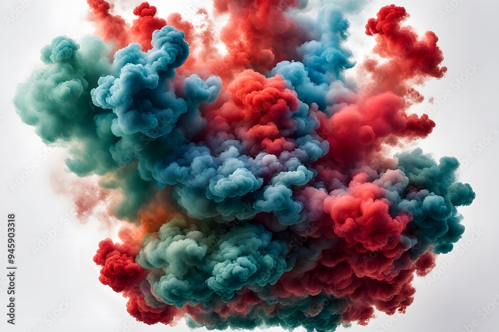 A vivid explosion of multicolored smoke including reds greens and blues spreading across a white, Ai generated A vivid explosion of multicolored smoke including reds greens and blues spreading across a white, Ai generated