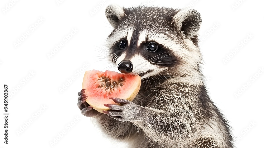 Obraz premium Mischievous Raccoon Holding Piece of Fruit on White Background