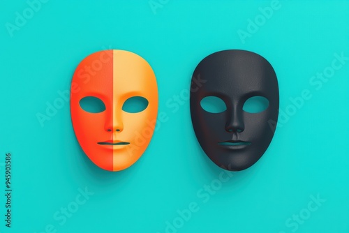 Colorful masks representing duality and emotions against a vibrant backdrop. Perfect for themes of identity and creativity.