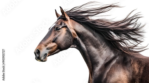 Majestic Horse with Flowing Mane on Pristine White Background