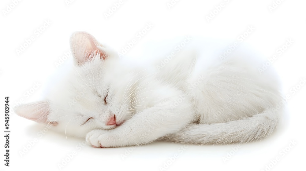 Adorable White Kitten Curled Up Sleeping on Peaceful White Background Adorable White Kitten Curled Up Sleeping on Peaceful White Background