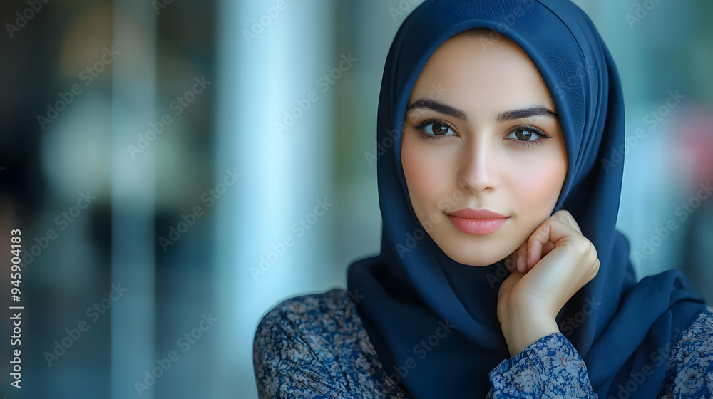 Portrait of a Woman in a Blue Hijab, Elegance and Beauty Radiate in Her Eyes Portrait of a Woman in a Blue Hijab, Elegance and Beauty Radiate in Her Eyes