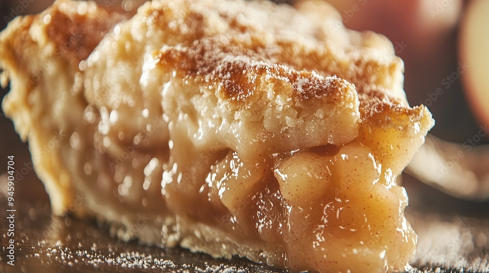 A close-up of a pie with powdered sugar on top and an apple in the background A close-up of a pie with powdered sugar on top and an apple in the background