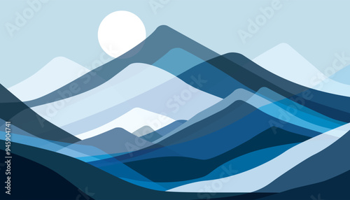 Mountains flat color illustration. Abstract simple landscape. Colorful multiply translucent glass hills. Multicolored abstract shapes. Vector design art