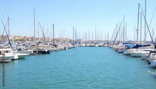 A serene marina with a clear blue sky