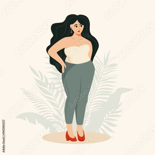 Plus size woman with long hair, wearing a strapless top and high waisted pants