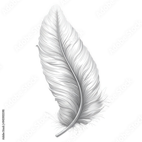 A grayscale drawing of a single white feather, with intricate detail and a soft, gentle style reminiscent of a childrens book illustration