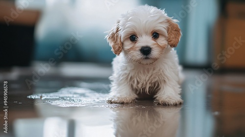 Cute Puppy Near Puddle Indoors