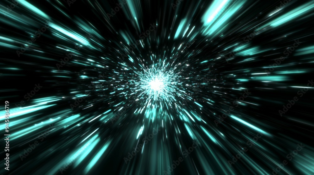 A futuristic light tunnel abstract background with a bright white star explosion. Light speed, black green and cyan light beams flying fast from center to edges of screen. A futuristic light tunnel abstract background with a bright white star explosion. Light speed, black green and cyan light beams flying fast from center to edges of screen.