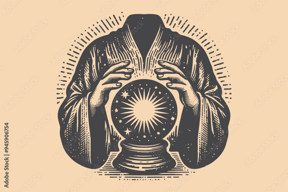 Vintage engraving hand drawn magic crystal ball in hands of fortune ...
