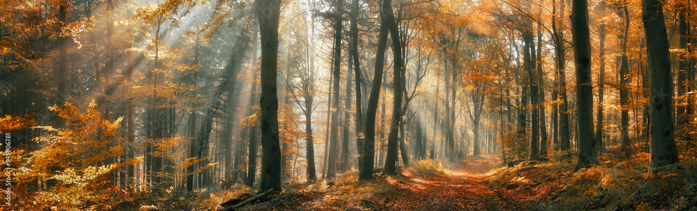 Beautiful autumn mood in a forest in autumn with fog and sunshine, with the rays of sunlight illuminating the mist behind the tree trunks, wide panorama Beautiful autumn mood in a forest in autumn with fog and sunshine, with the rays of sunlight illuminating the mist behind the tree trunks, wide panorama