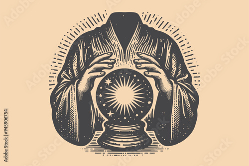 Vintage engraving hand drawn magic crystal ball  in hands of fortune teller line art . tattoo,  print, cut out vector illustration.
