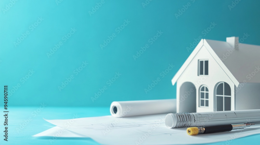 Creative Architect with Design Drafts and Tube on Light Blue Background Creative Architect with Design Drafts and Tube on Light Blue Background