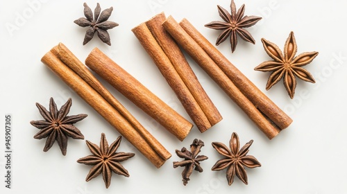 Aromatic Cinnamon Stick and Anise Star on White Background