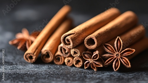 Aromatic Cinnamon Sticks and Anise on Grey Table Closeup