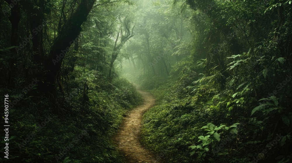 Fototapeta premium A dense, lush green forest with a narrow dirt path winding through the trees, leading into the unknown.
