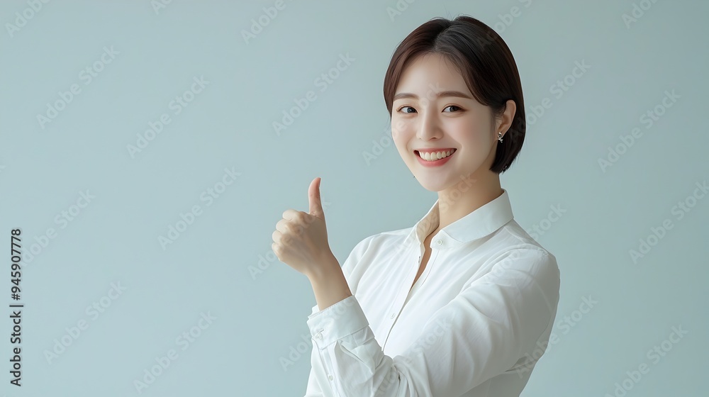 Confident Smiling Businesswoman Gesturing Thumbs Up in Office Workspace Confident Smiling Businesswoman Gesturing Thumbs Up in Office Workspace
