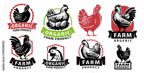 Chicken meat, eggs set of emblems and logos. Set of labels for packaging of organic farm products