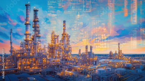 Photorealistic Oil and Gas Industry with Double Exposure of Digital Identity - Data Visualization Concept in Morning Light. AI generated illustration