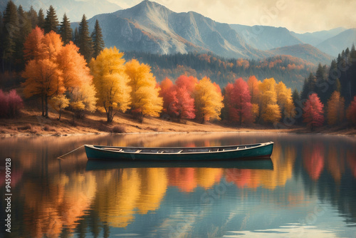 Colorful autumn, fall landscape forest woodland lake painting with lonely boat and mountain, seasonal theme concept texture design.
 photo