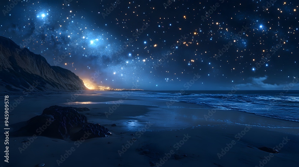 Along the beach view with background of stars in the night sky Along the beach view with background of stars in the night sky