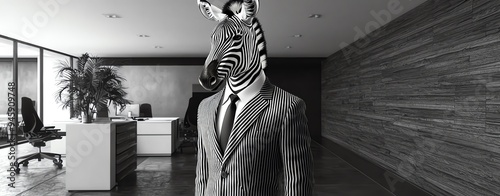 A surreal image of a businessman with a zebra head, blending nature and corporate environments in black and white.