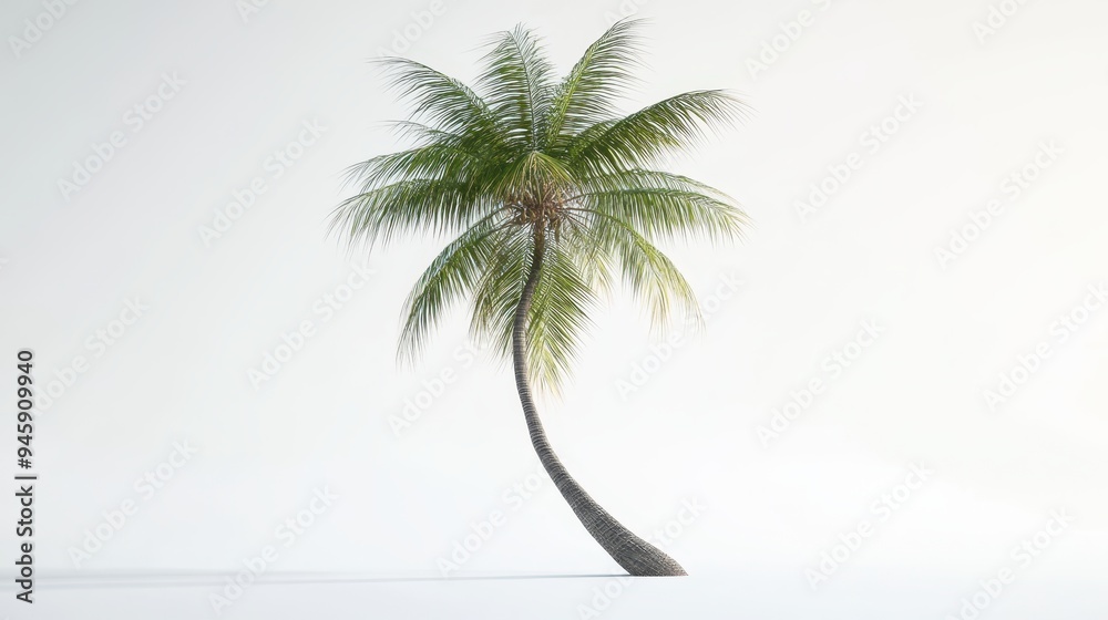 Obraz premium A lone palm tree with a curved trunk against a minimalist background.