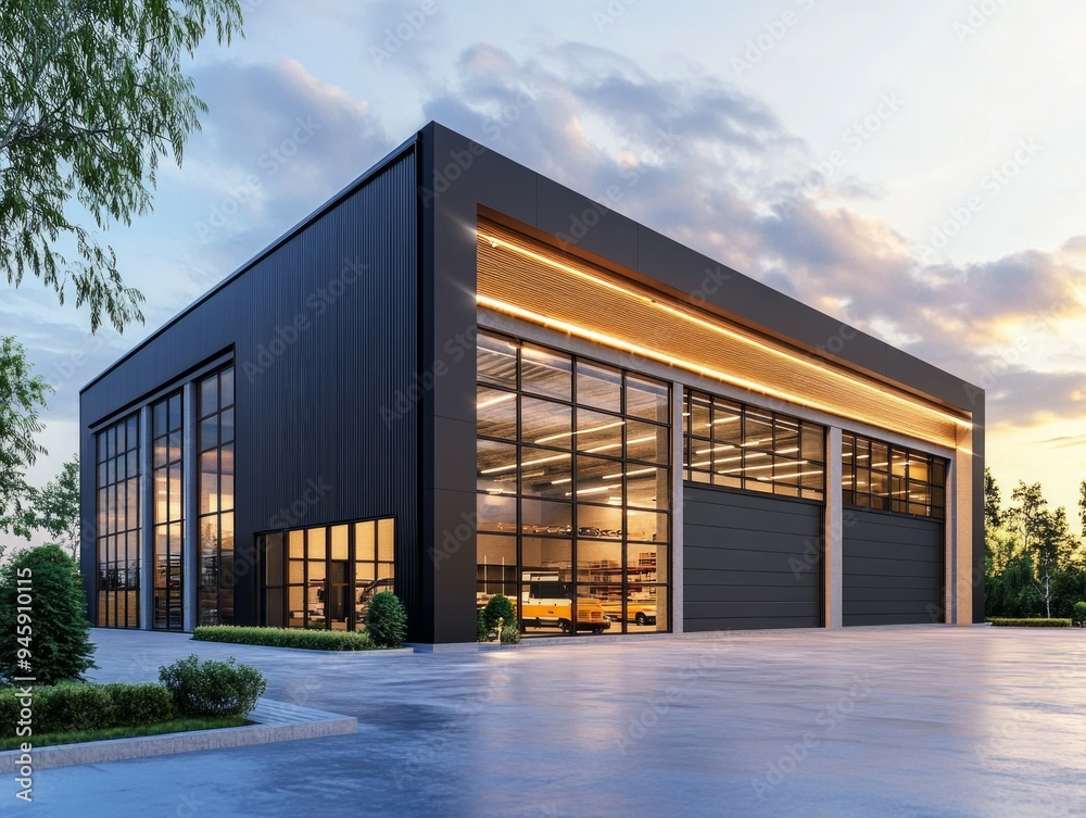 Modern flat Warehouse building under a cloudy sky at sunset, Glass walls modern architecture Modern flat Warehouse building under a cloudy sky at sunset, Glass walls modern architecture