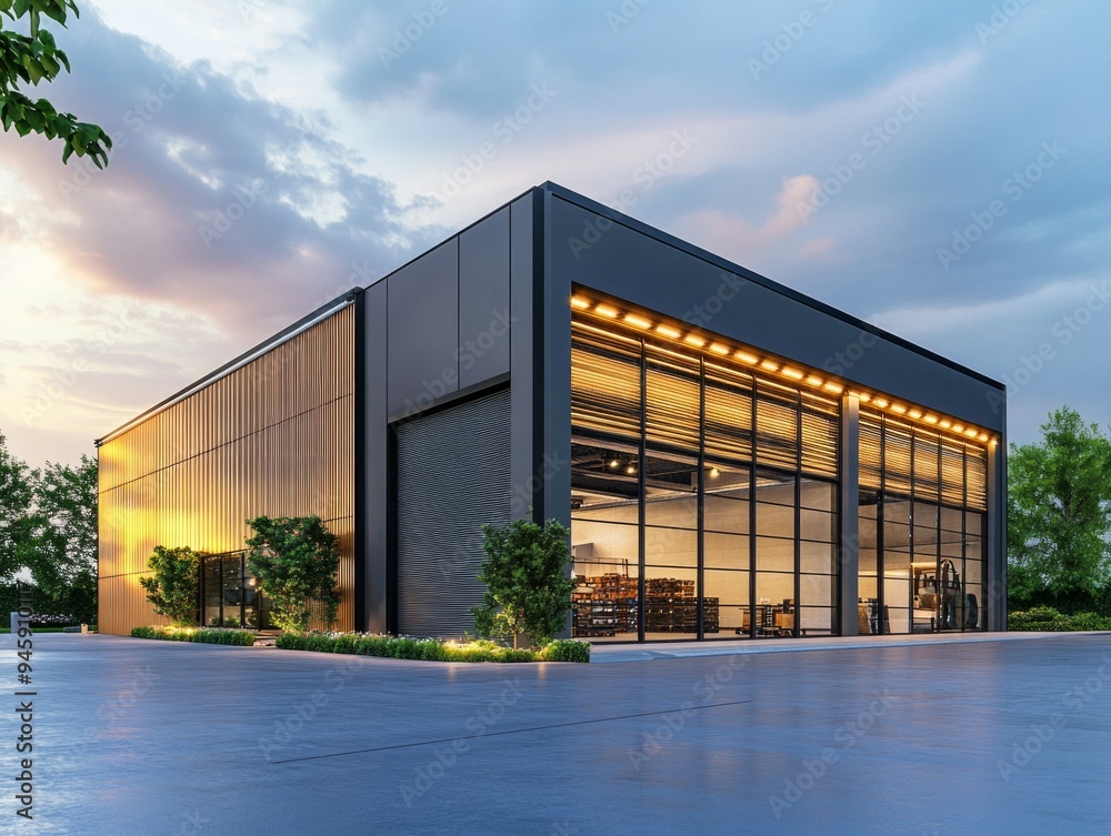 Obraz premium Modern flat Warehouse building under a cloudy sky at sunset, Glass walls modern architecture