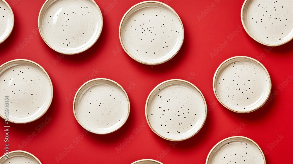 Fototapeta premium Elegant Ceramic Plates on Red Background Flat Lay
