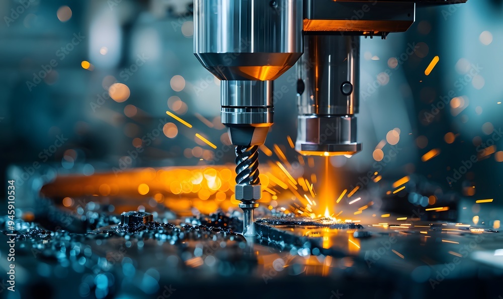 CNC machining centre drilling steel and using metal working fluid as coolant. CNC machining centre drilling steel and using metal working fluid as coolant.