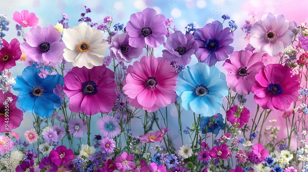 A sea of vibrant blossoms amidst a monochrome meadow of purples, blues, and whites A sea of vibrant blossoms amidst a monochrome meadow of purples, blues, and whites