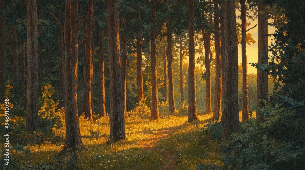 A peaceful forest scene with sunlight breaking through the trees, illuminating a carpet of ferns and wildflowers on the forest floor. A peaceful forest scene with sunlight breaking through the trees, illuminating a carpet of ferns and wildflowers on the forest floor.