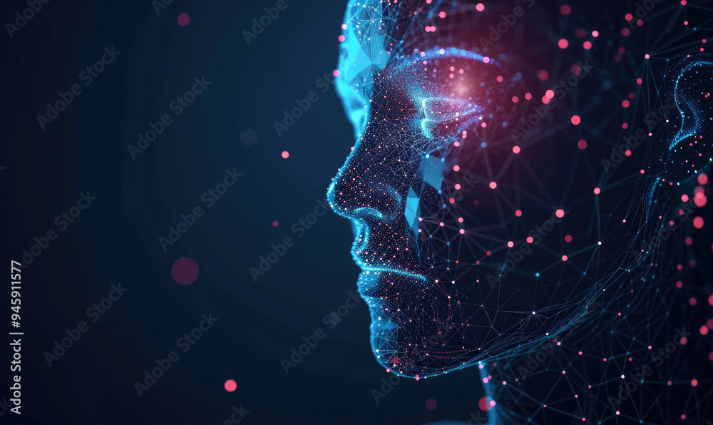 Human head created in low poly style. Man face polygon light. Emotional Intelligence allegory AI. Facial Recognition System concept. biometric scanning, 3D scanning Human head created in low poly style. Man face polygon light. Emotional Intelligence allegory AI. Facial Recognition System concept. biometric scanning, 3D scanning