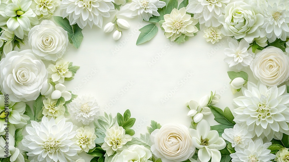 A ring of white blossoms on a white canvas with space for text A ring of white blossoms on a white canvas with space for text