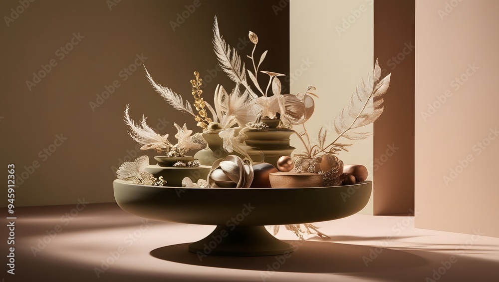A bowl overflowing with vibrant plants and flowers sits elegantly on a wooden table. GENERATIVE AI A bowl overflowing with vibrant plants and flowers sits elegantly on a wooden table. GENERATIVE AI
