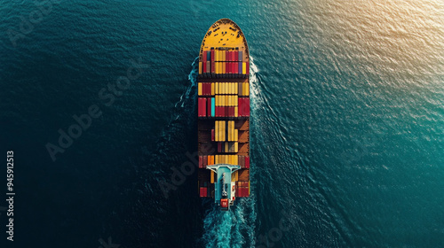 Aerial view of a large cargo ship loaded with colorful containers navigating through calm ocean waters during sunset