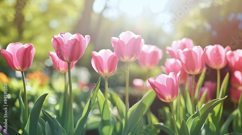 Vibrant Pink Tulips Blooming Outdoors on Sunny Day