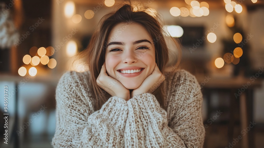 Cozy Warm Sweater Fashion - Beautiful Smiling Young Woman Cozy Warm Sweater Fashion - Beautiful Smiling Young Woman