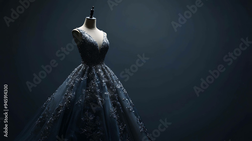 Elegant blue sequined gown with a plunging neckline, perfect for a special occasion. photo