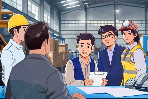 Engineer manager holding clipboard discussing project plans with construction workers team in industrial factory warehouse setting, anime illustration